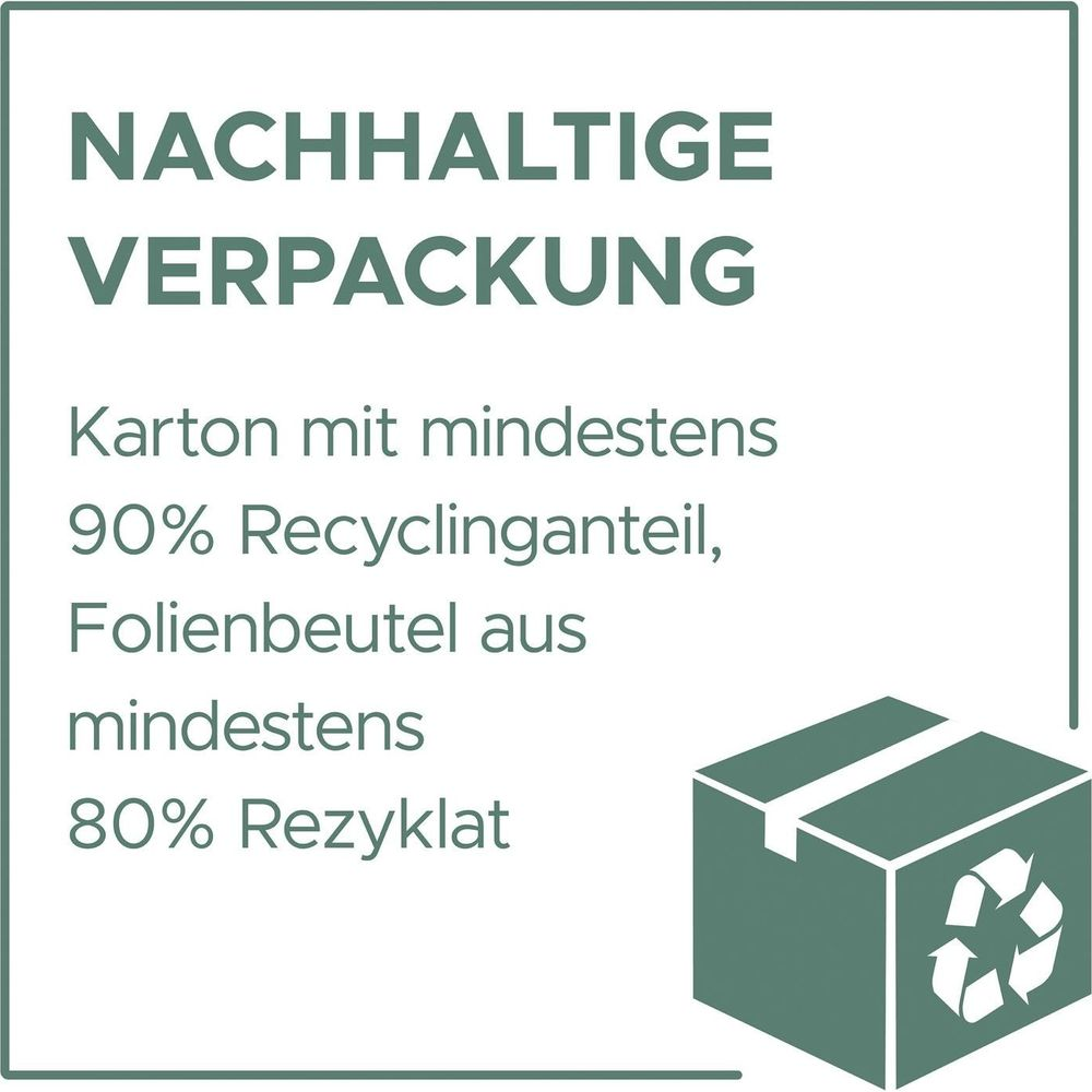 Nachhaltige Verpackung: Karton 90% Recycling, Beutel 80% Rezyklat.