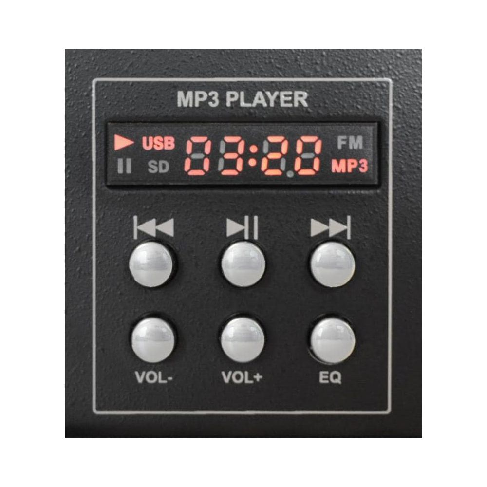 Panel de control de reproductor MP3 con pantalla y botones de reproducción.