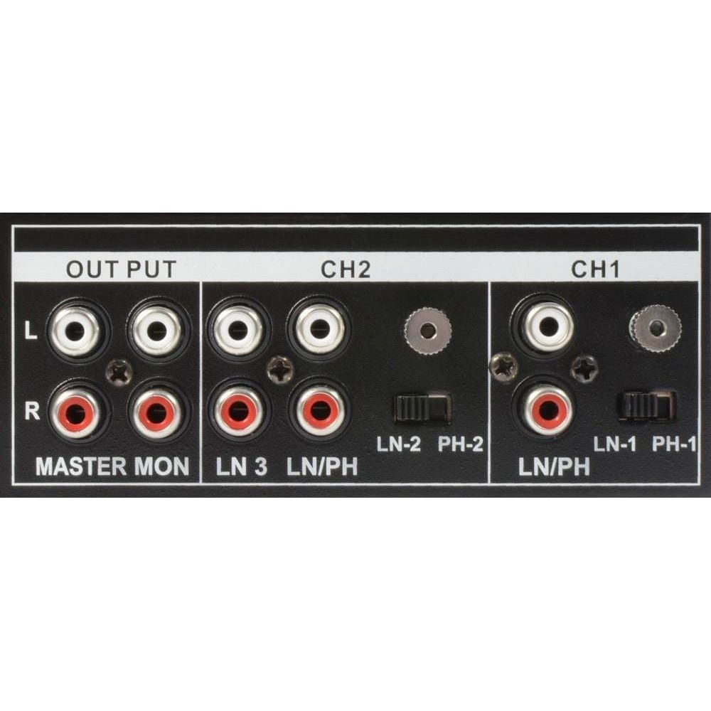 Salidas de audio etiquetadas OUTPUT, CH2, CH1, MASTER MON, LN 3, LN/PH.
