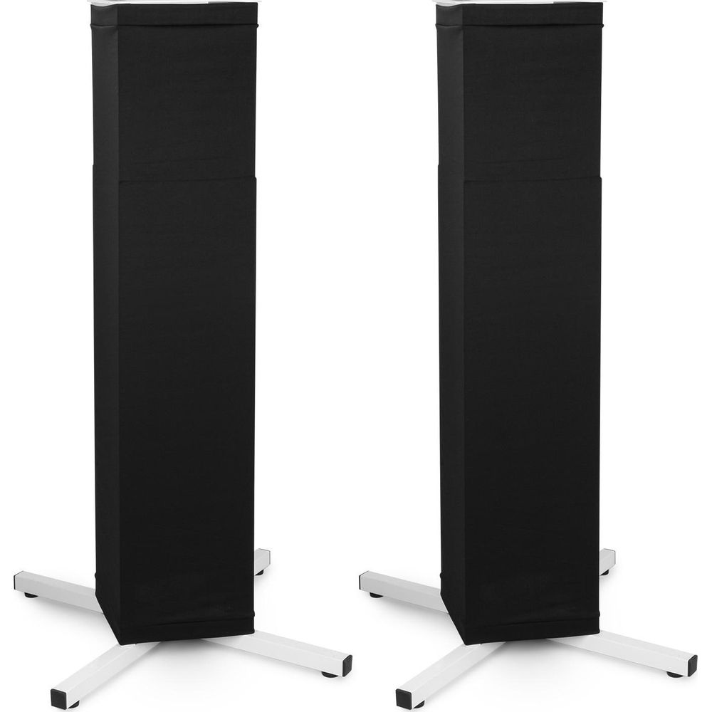 Dos columnas negras con soportes de cruz blancos sobre fondo blanco.