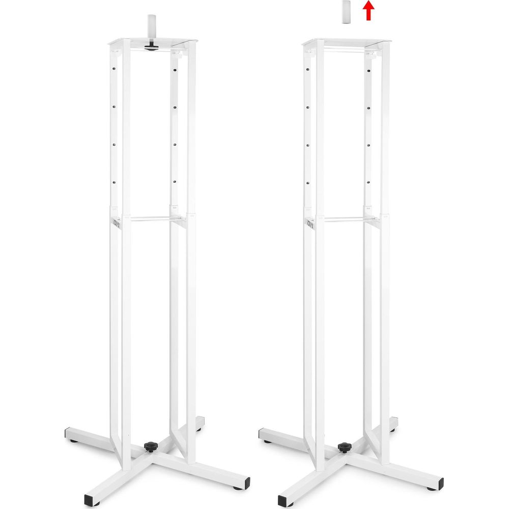 Dos soportes blancos con flechas rojas indicando montaje.
