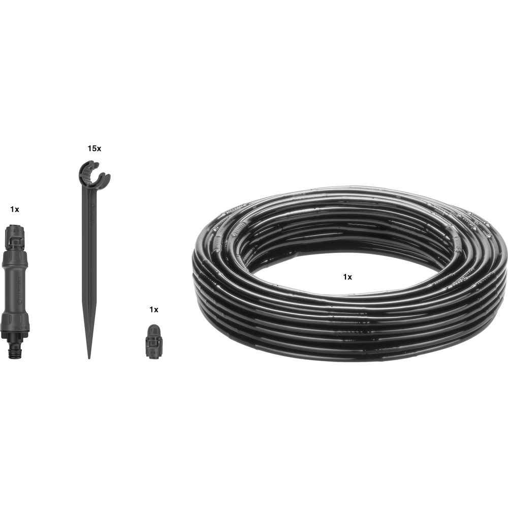 Un tubo nero, un connettore, 15 picchetti e un raccordo.