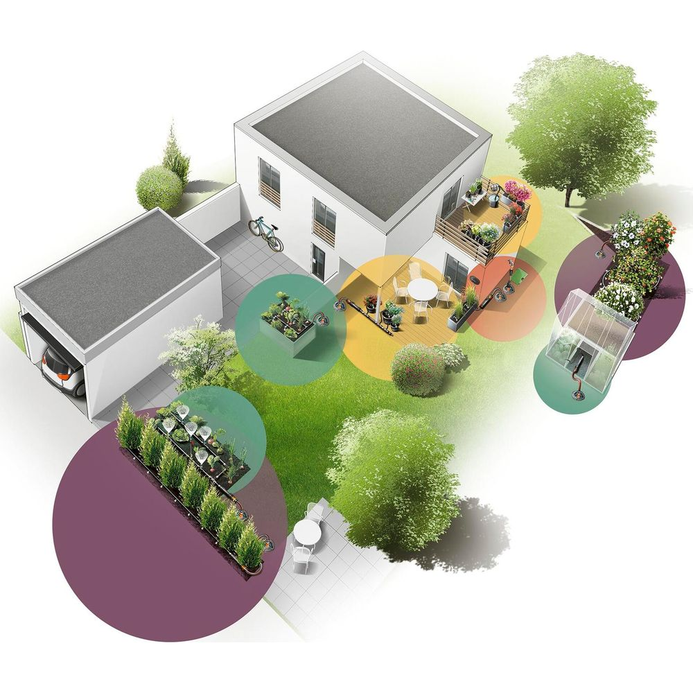 Una casa moderna con garage, giardino, terrazza e serra.