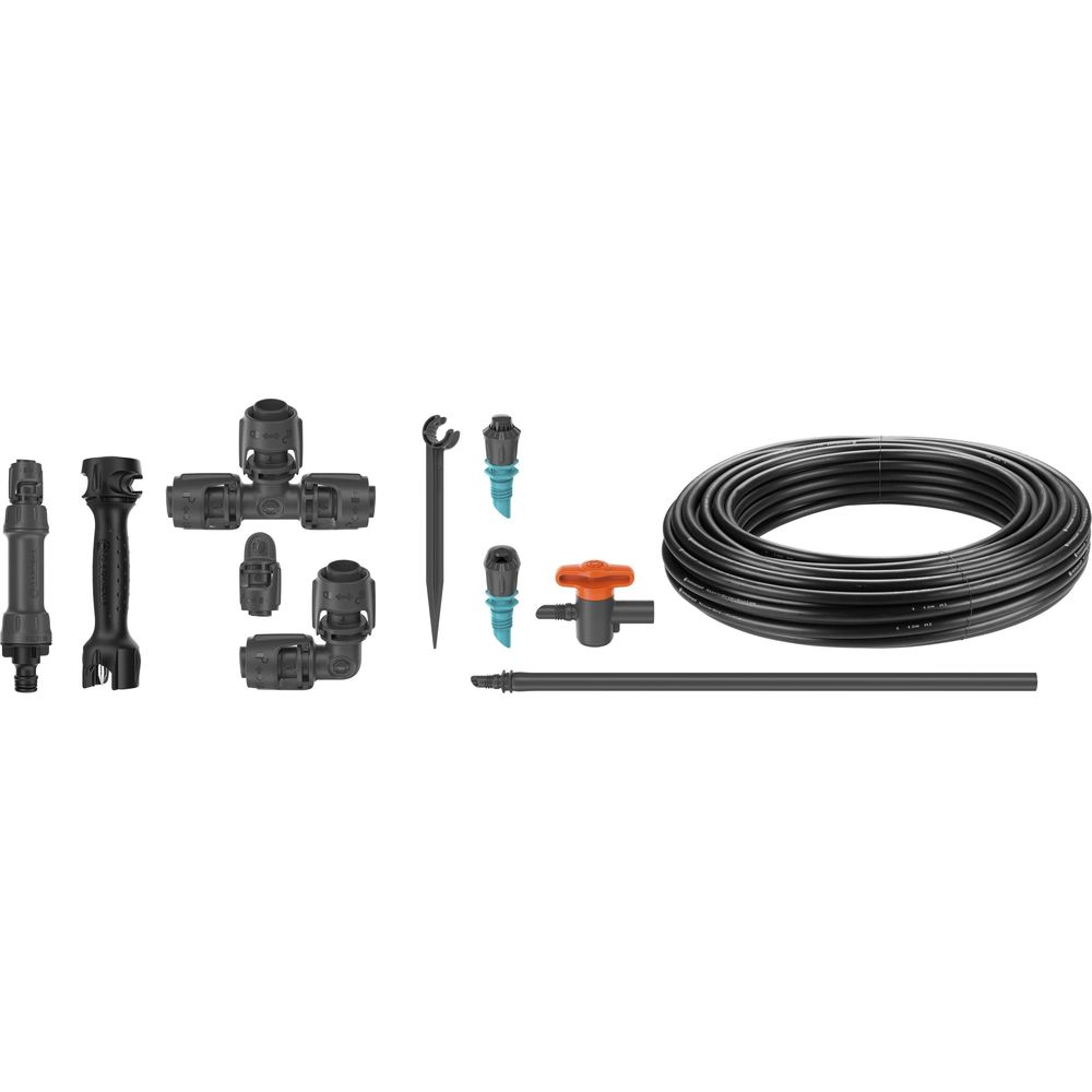 Kit di irrigazione con tubo nero, connettori, gocciolatori, valvola e picchetto.