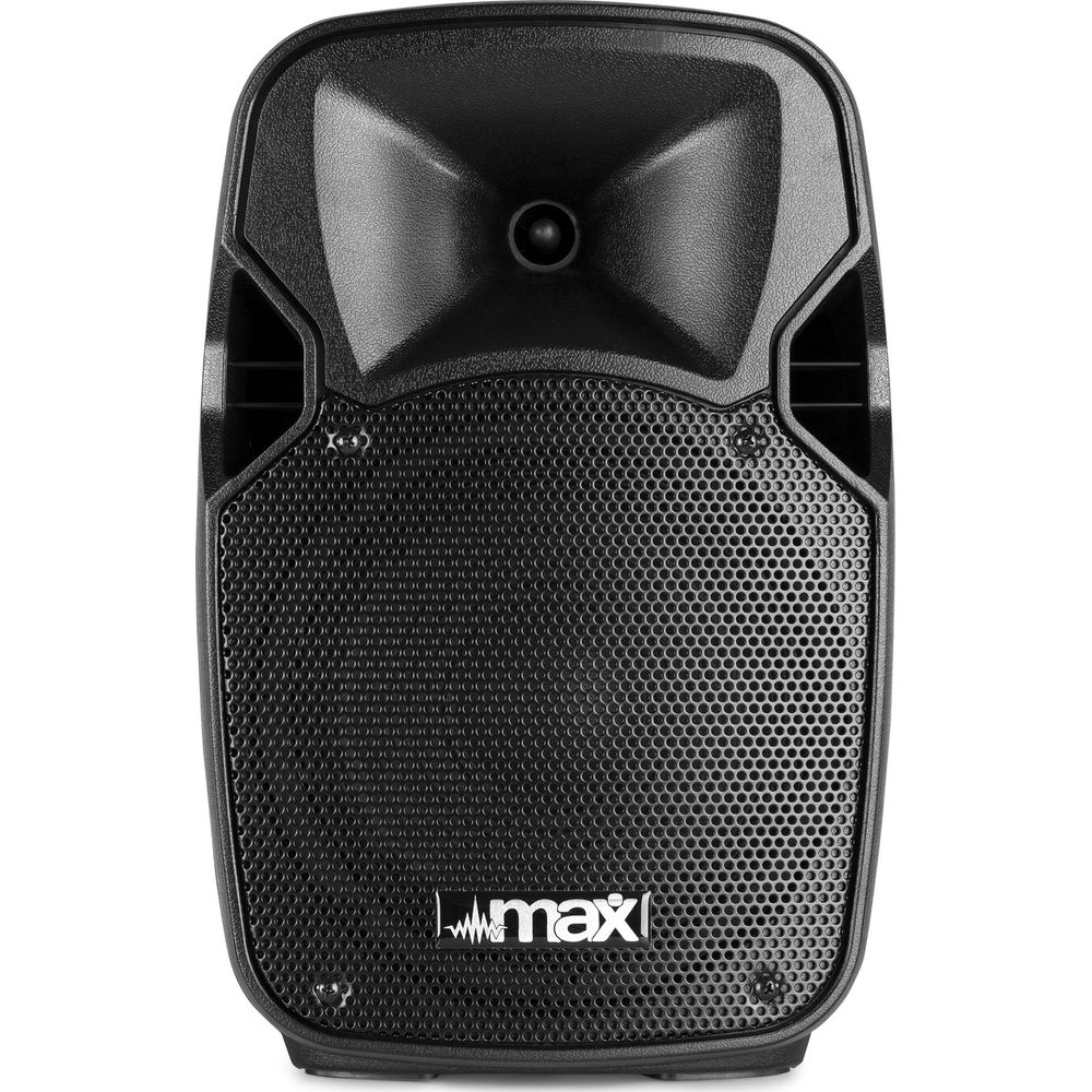 Altavoz negro con una abertura cónica arriba y una rejilla perforada abajo.