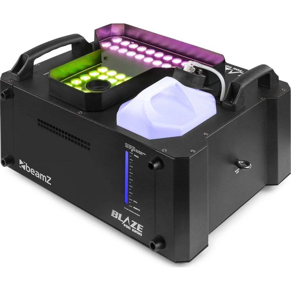 Máquina de humo negra con luces y tanque de fluido.