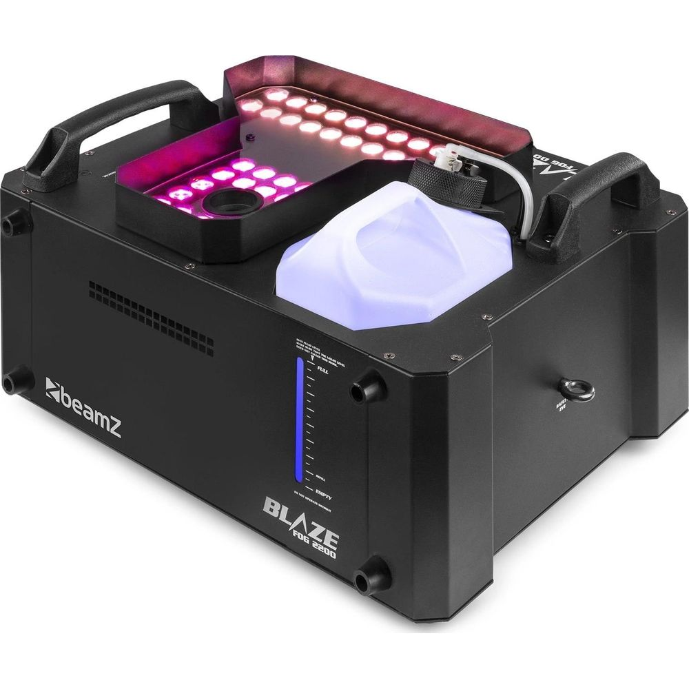 Máquina de humo negra con depósito de líquido azul y luces LED.