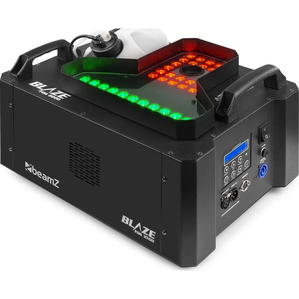 Máquina de humo negra con luces verdes y rojas, asas y panel de control.