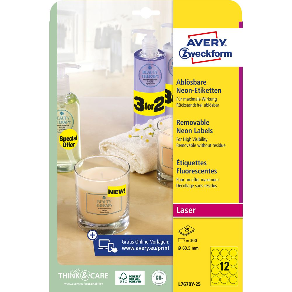 Avery Zweckform Neon-Etiketten: Kerze, Seife, Handtuch, Produktbeschreibung.
