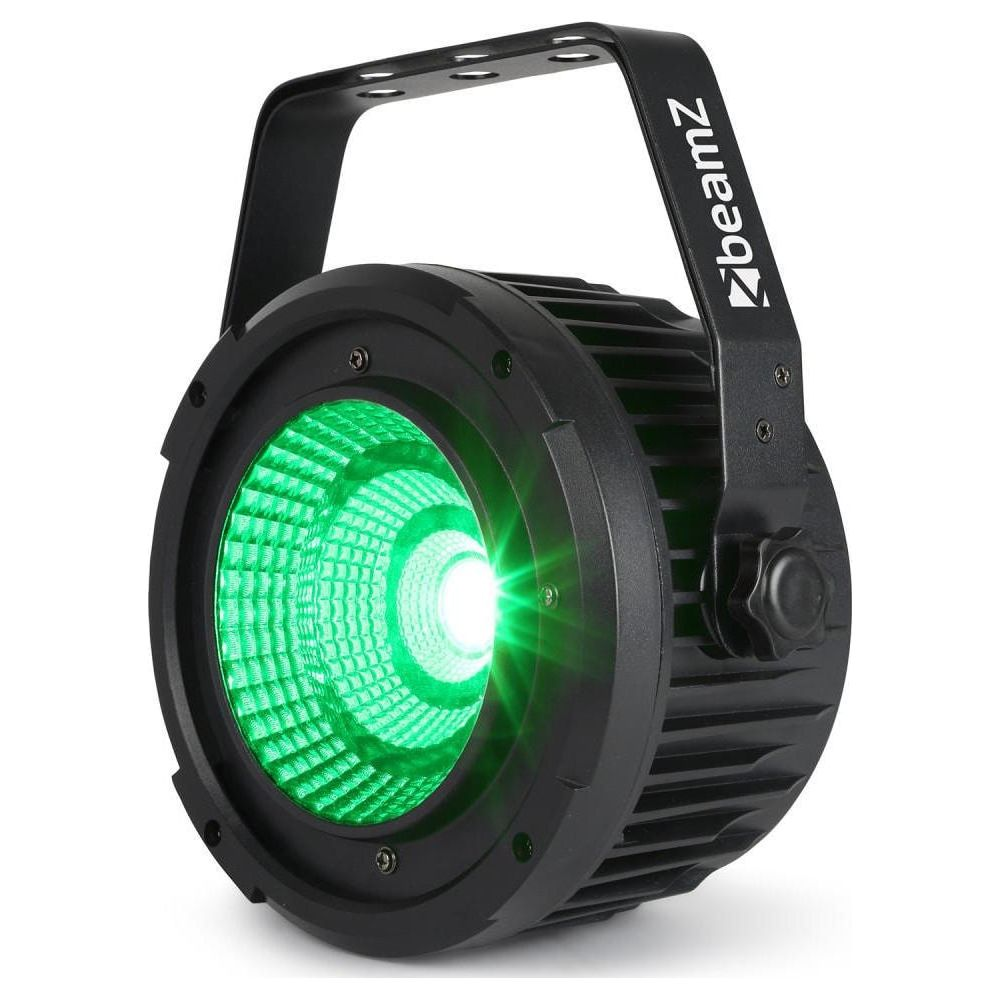 Foco negro con LEDs verde brillante, sobre fondo blanco.