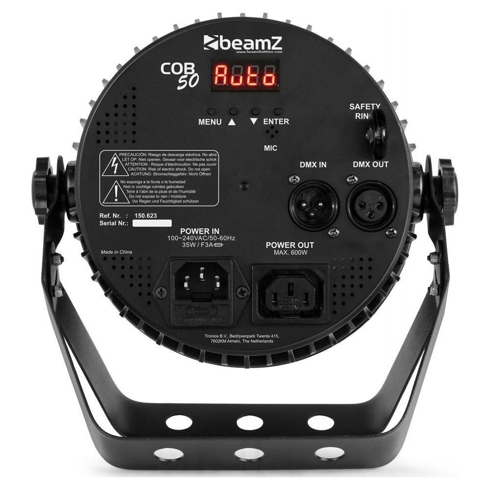 Vista trasera de un dispositivo de efecto de luz BeamZ COB 50 con puertos y etiquetas.