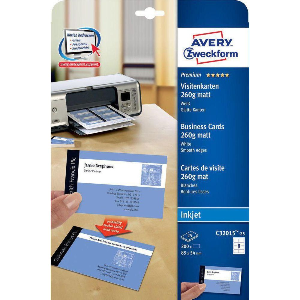 Avery Zweckform Visitenkarten-Verpackung mit Drucker und bedruckten Karten.