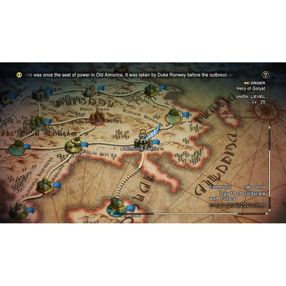 Eine Spielkarte mit Burgen, Städten und Wegen. Zeigt Almorica Castle.