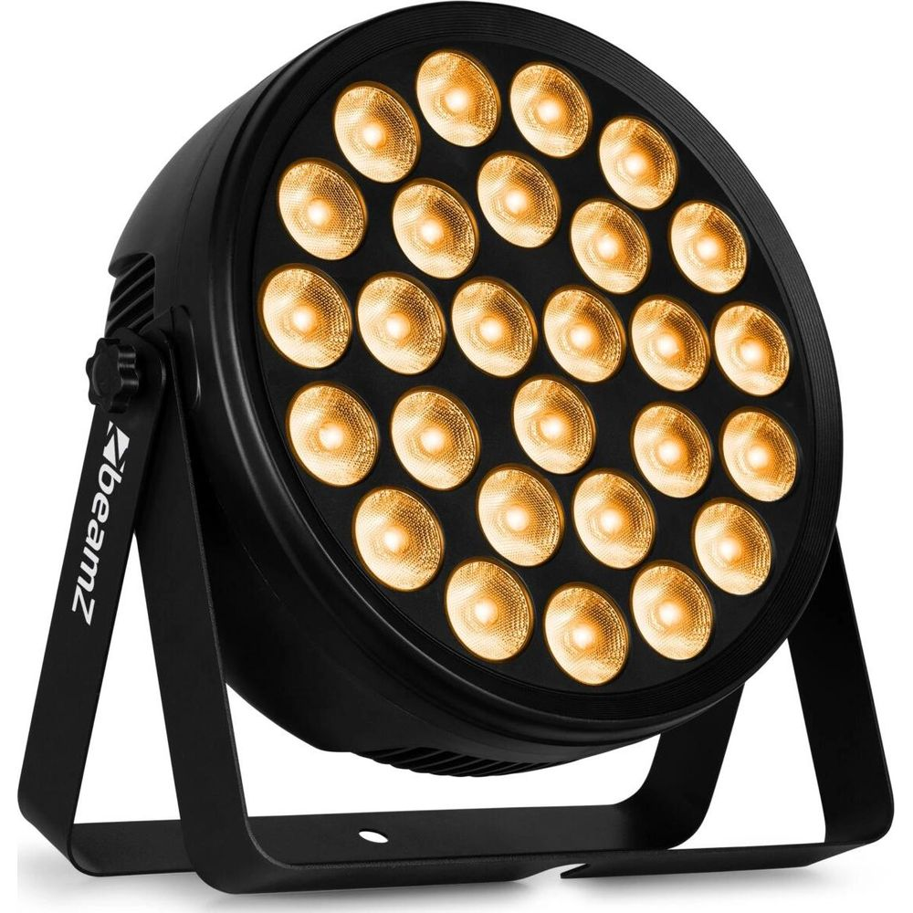 Un foco negro con 24 LEDs amarillos sobre un soporte.