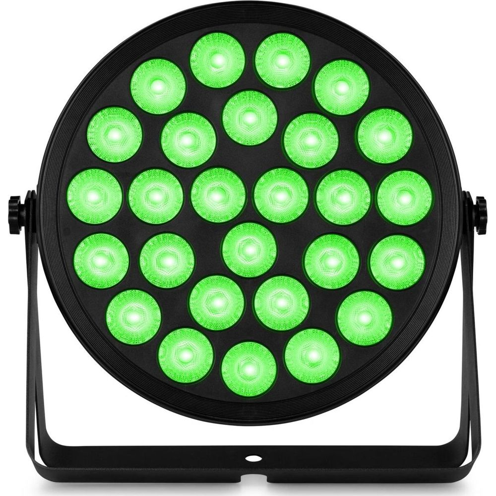 Un foco redondo negro con 24 LEDs verdes y un soporte.