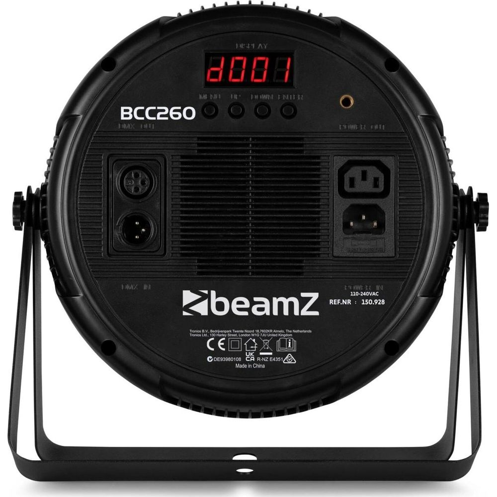 Reverso de una luz negra BeamZ BCC260 con conectores y pantalla.