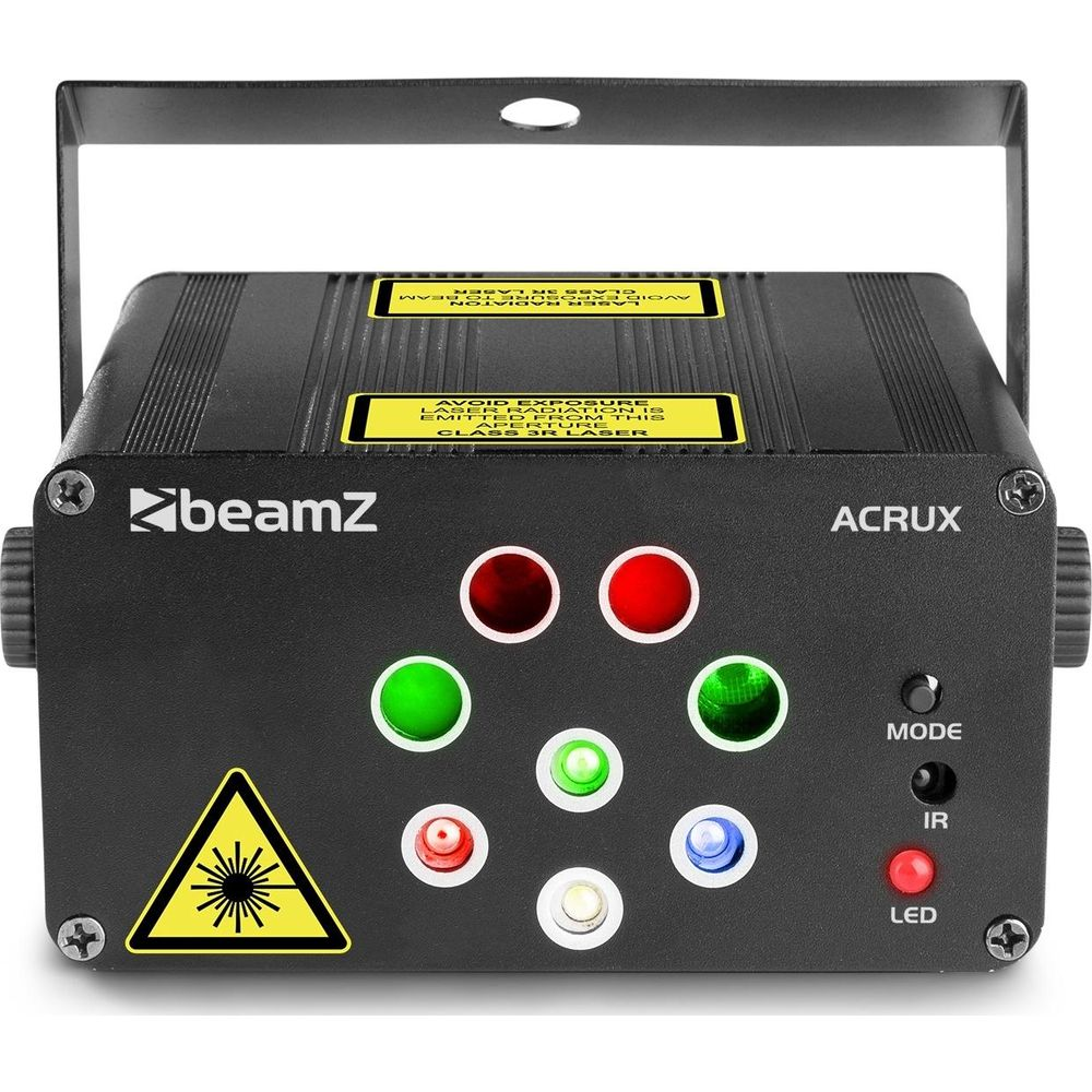 Dispositivo de luz láser negro con pegatinas de advertencia amarillas y LEDs de colores.
