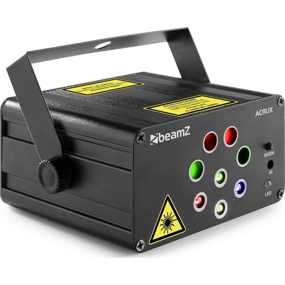 Proyector de efectos de luz negro con LEDs de colores, etiquetas y asa.