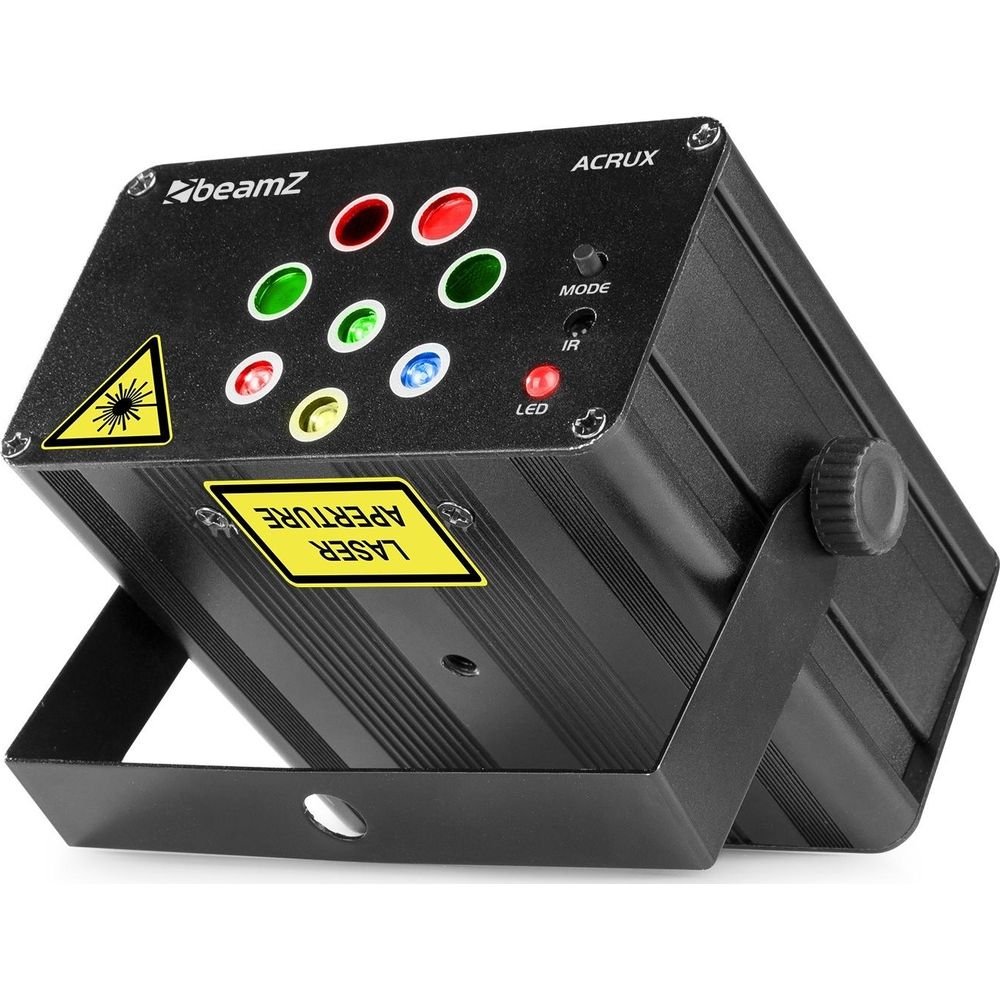 Un dispositivo de luz láser negro con LEDs de colores y una señal de advertencia.