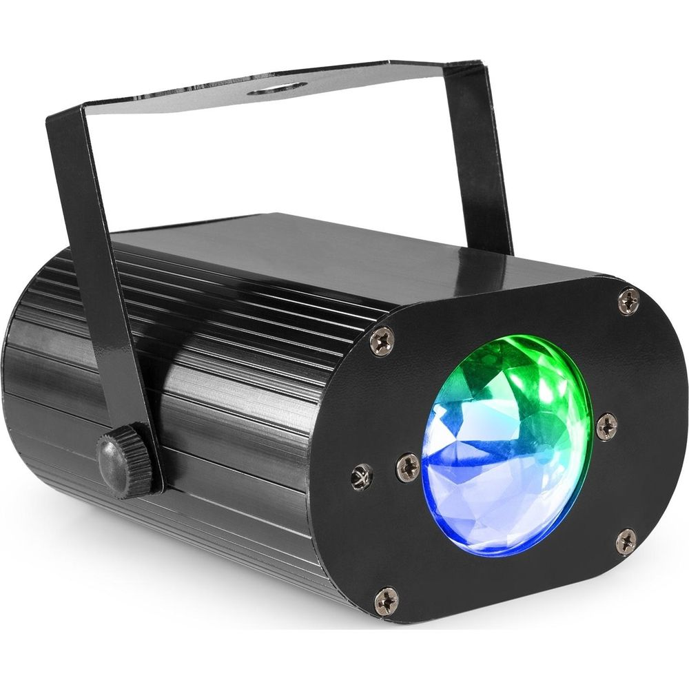 Una pequeña lámpara de efectos de luz negra que emite luz azul y verde.