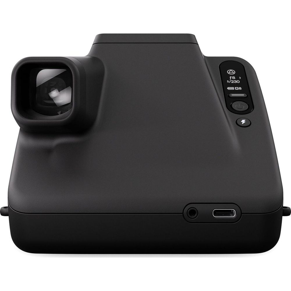 Vizörlü, kumandalı ve USB-C portlu siyah anında fotoğraf makinesi.