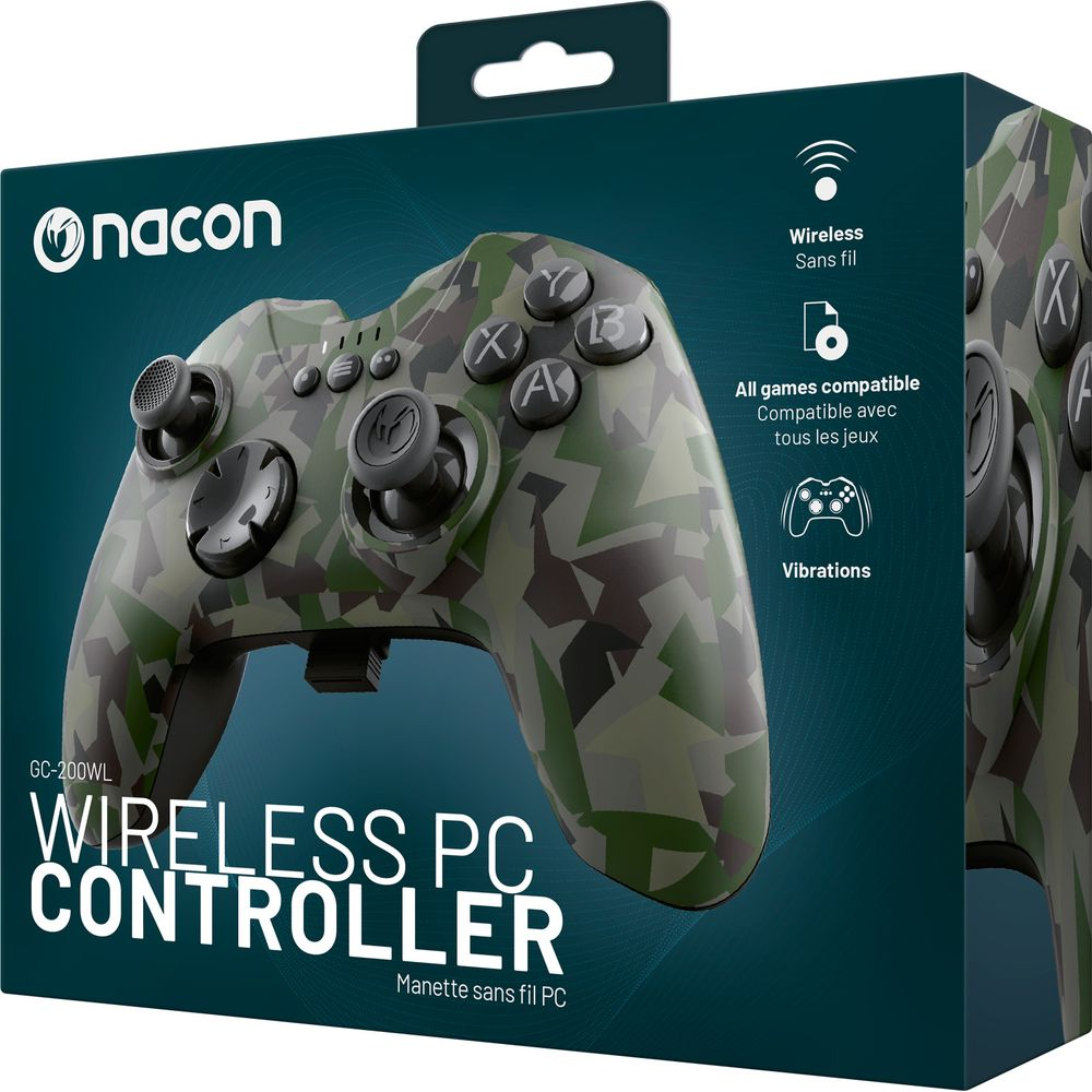 Controller Nacon Wireless PC mimetico con pulsanti e scritte argentate.