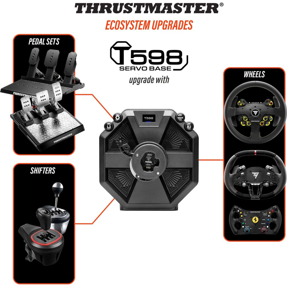 Thrustmaster T598 Servo Base mit Pedal-Set, Schalthebeln und Rädern.