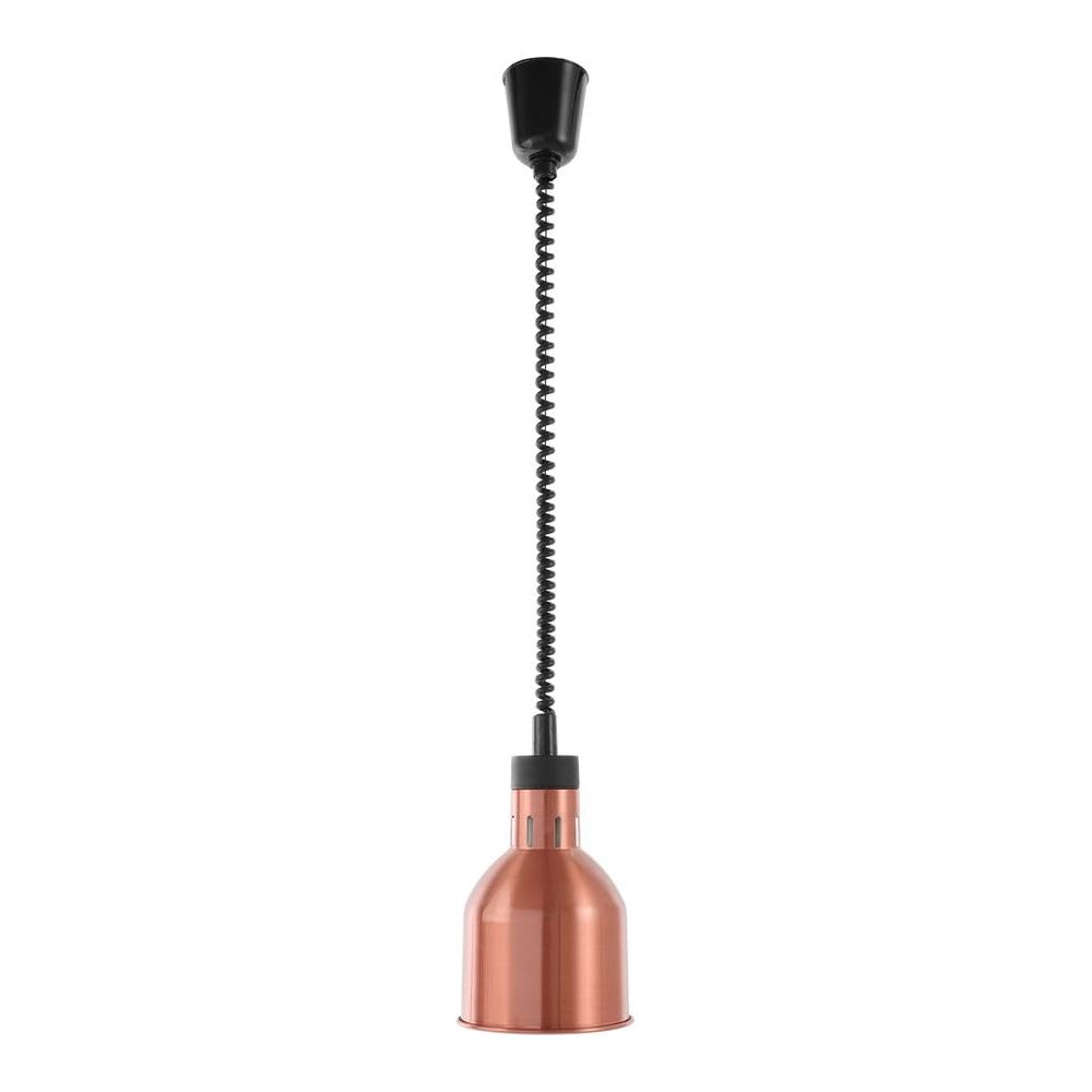 Una lampada a sospensione color rame con cavo a spirale nero.