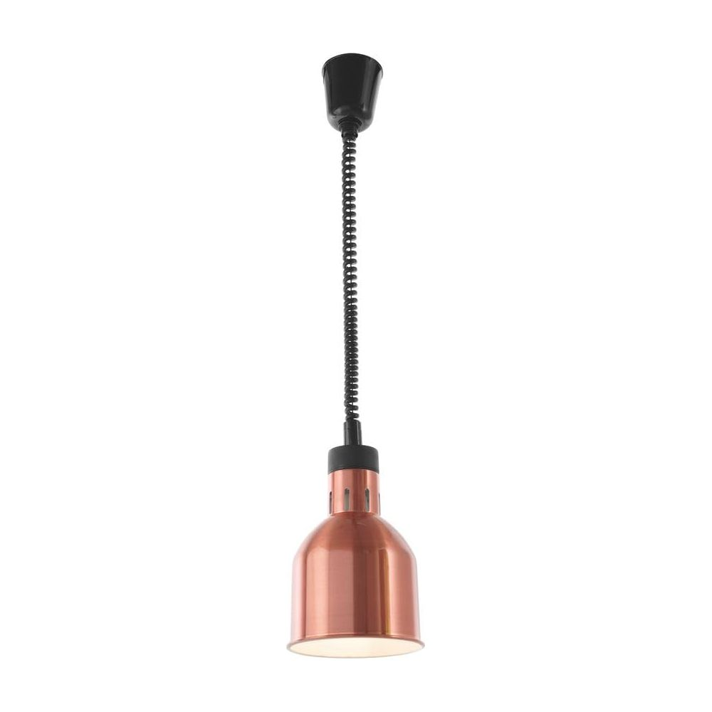 Lampada a sospensione color rame con cavo a molla nero e attacco a soffitto nero.