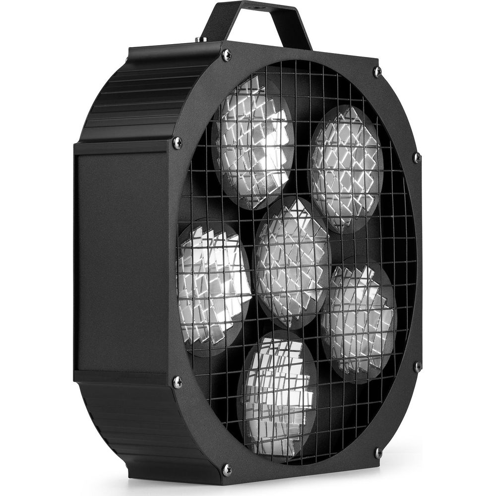Foco redondo negro con seis luces detrás de una rejilla metálica, asa arriba.