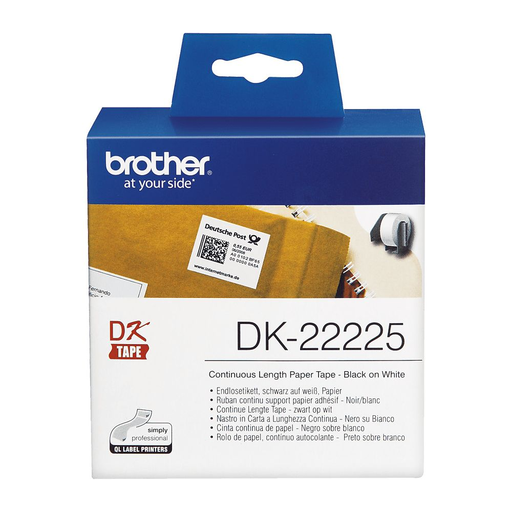 Nastro carta continuo Brother DK-22225, nero su bianco.