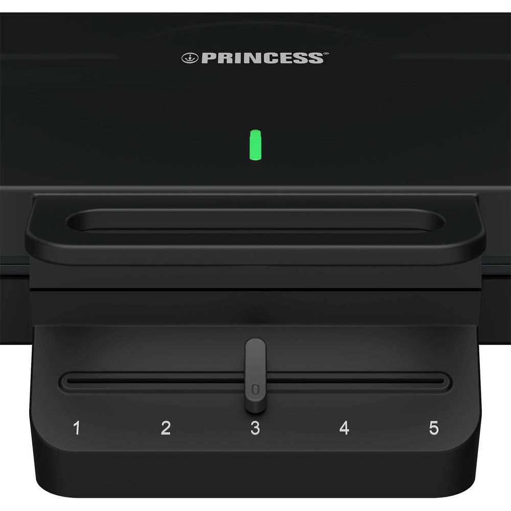 Tostapane nero con logo Princess, spia verde e selettore a 5 livelli.