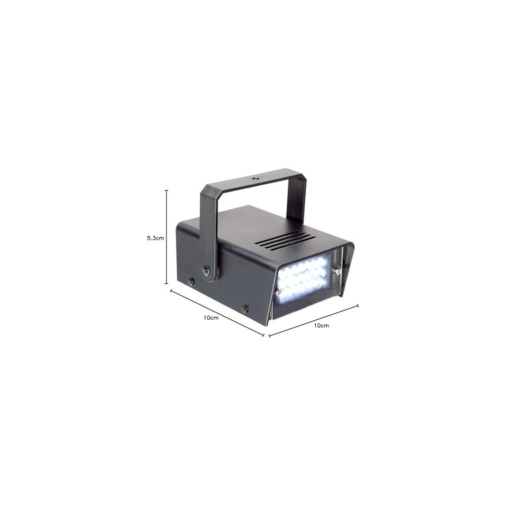 Luz estroboscópica negra compacta con asa y dimensiones.