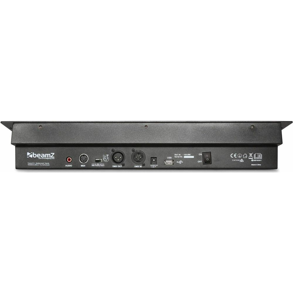 Vista trasera de un dispositivo BeamZ negro con puertos Audio, MIDI, DMX Out, DMX In, USB, 12V DC.