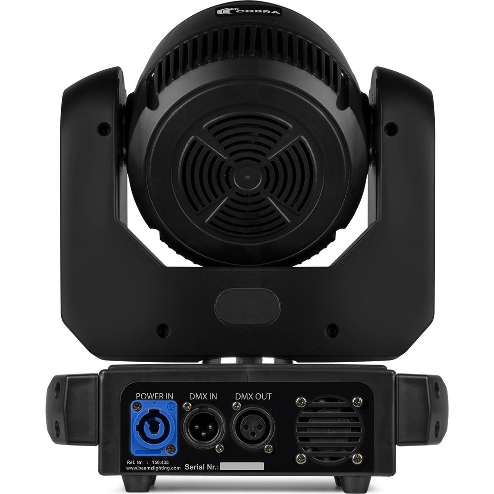 Foco negro con ventilador y conexiones: Power In, DMX In, DMX Out.