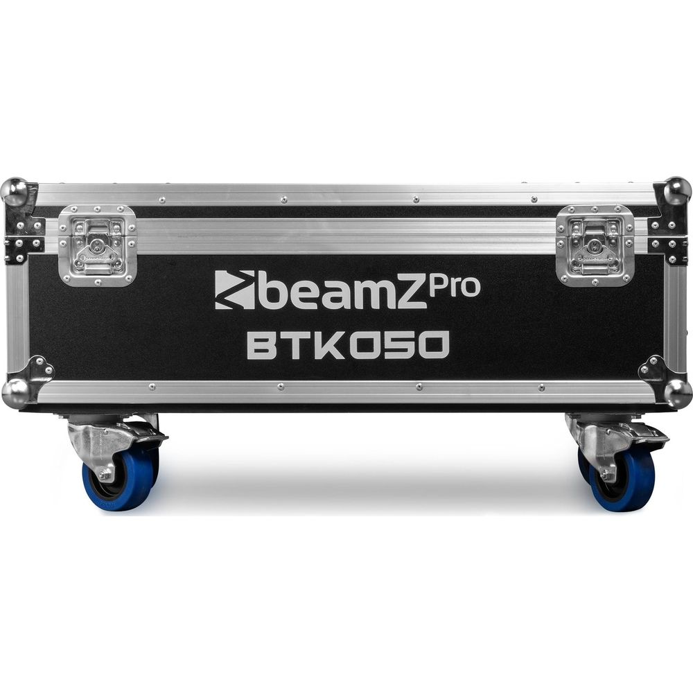 Maleta de vuelo negra con letras BeamZ Pro BTK050 y ruedas azules.