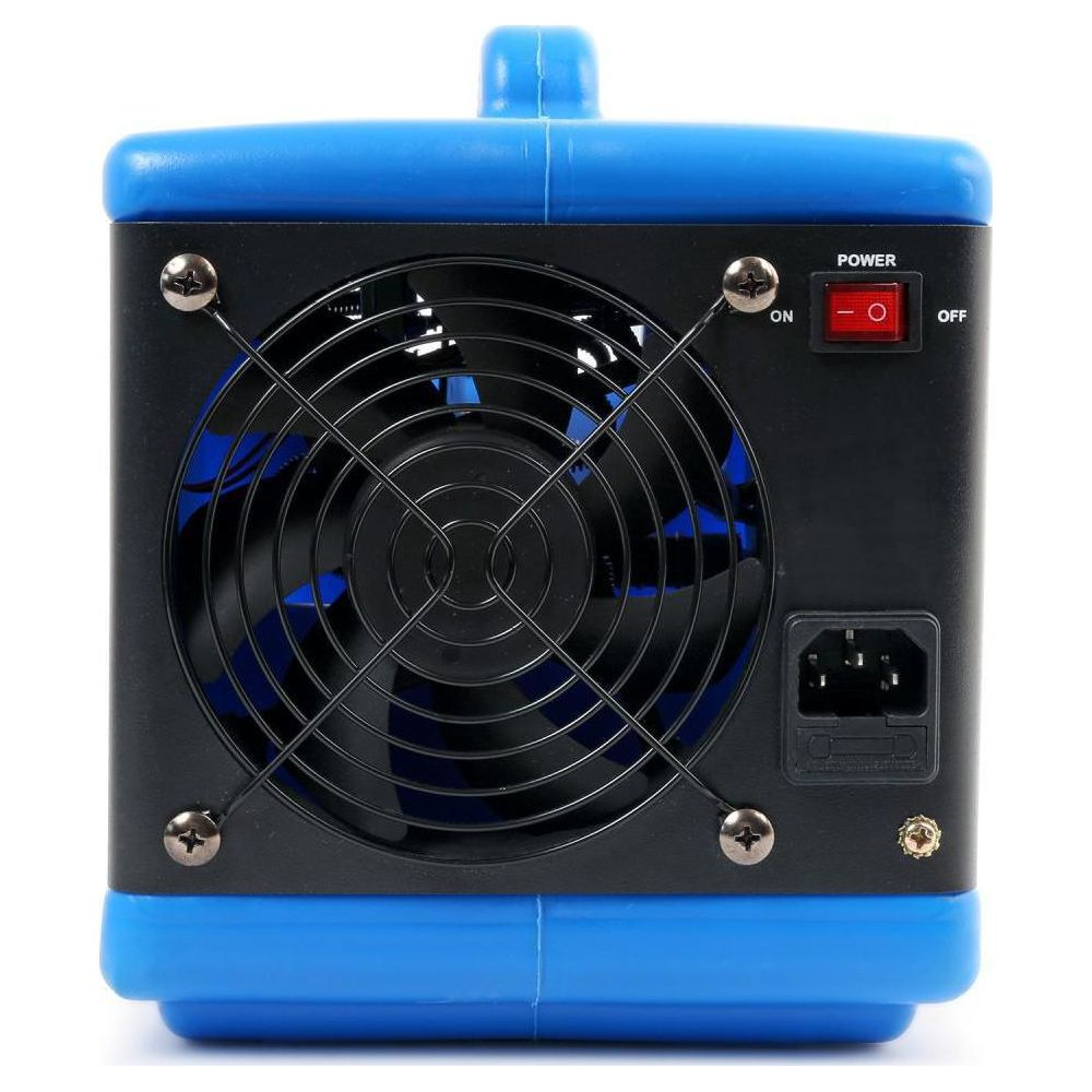 Parte trasera de una unidad de ventilador azul y negra con interruptor y conector.