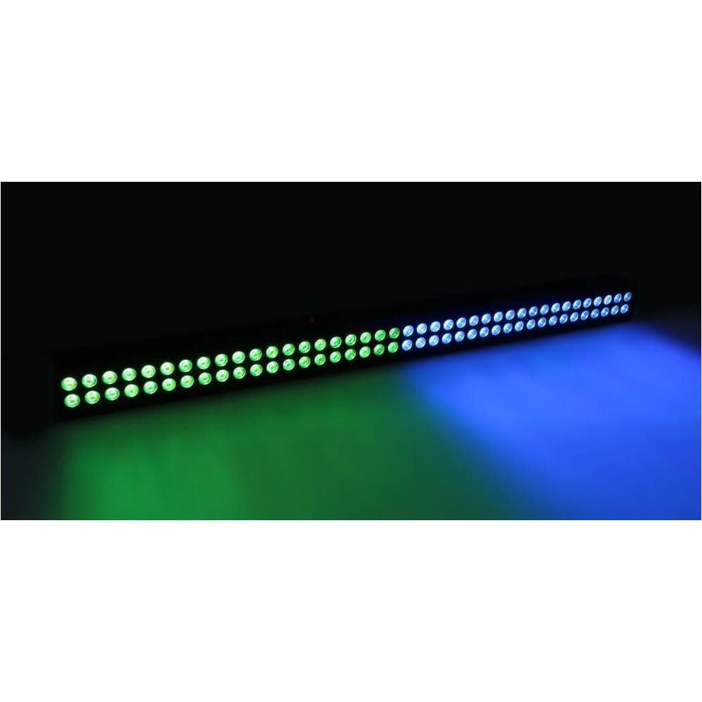 Una barra larga de LEDs verdes y azules emitiendo luz hacia abajo.