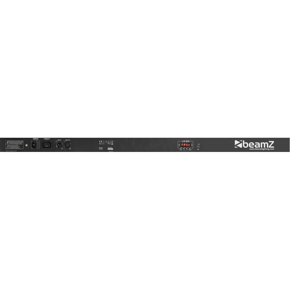 Parte trasera de un dispositivo negro con puertos, marca CE y pantalla LCD roja.