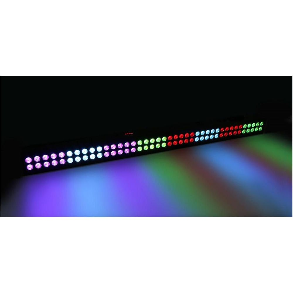 Una barra larga con LEDs de colores ilumina un fondo oscuro.