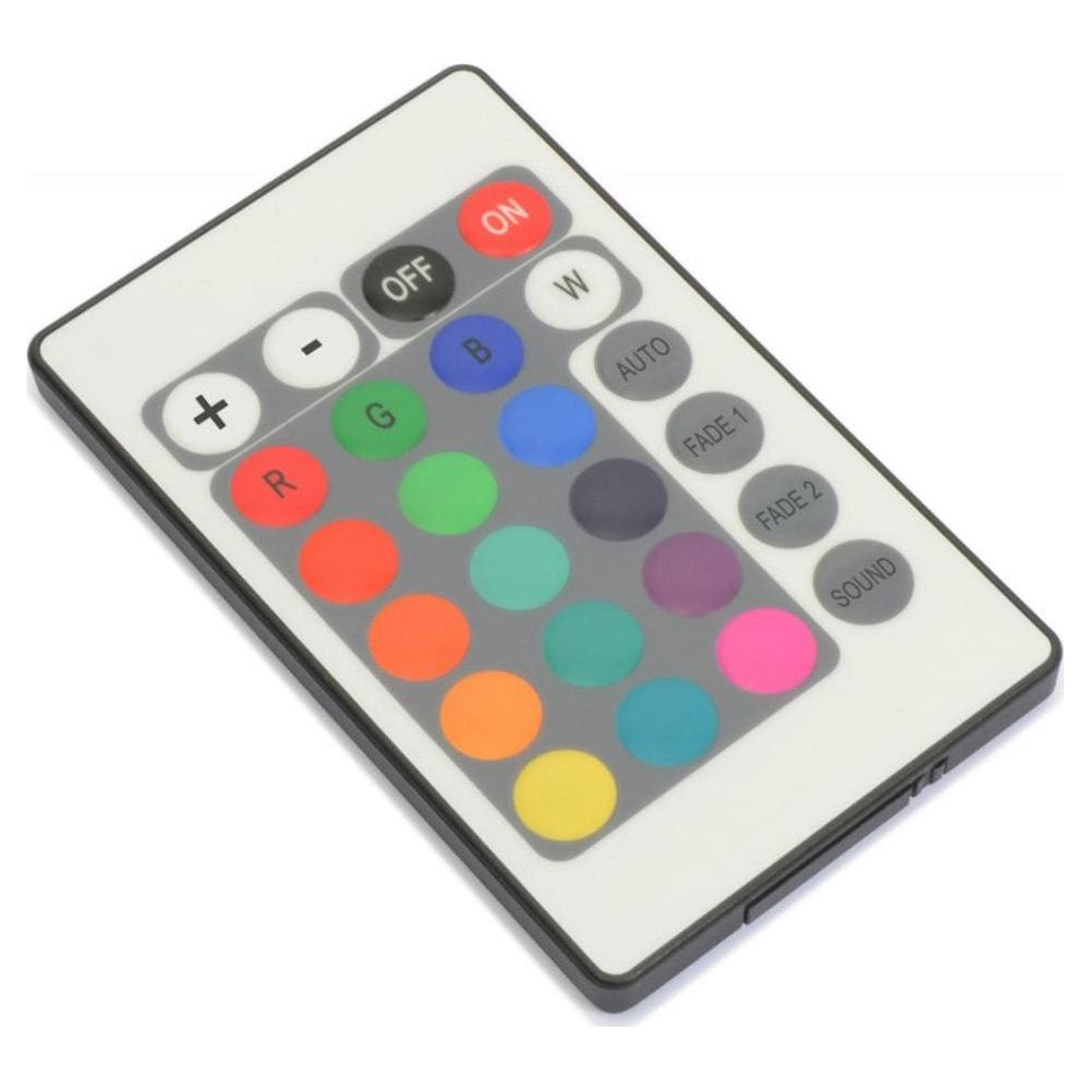 Un control remoto LED RGB con botones de colores y teclas de función.