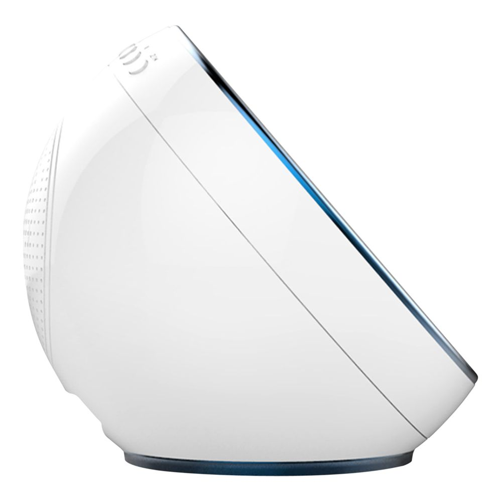 Białe, kuliste urządzenie inteligentnego domu z niebieskim paskiem świetlnym.