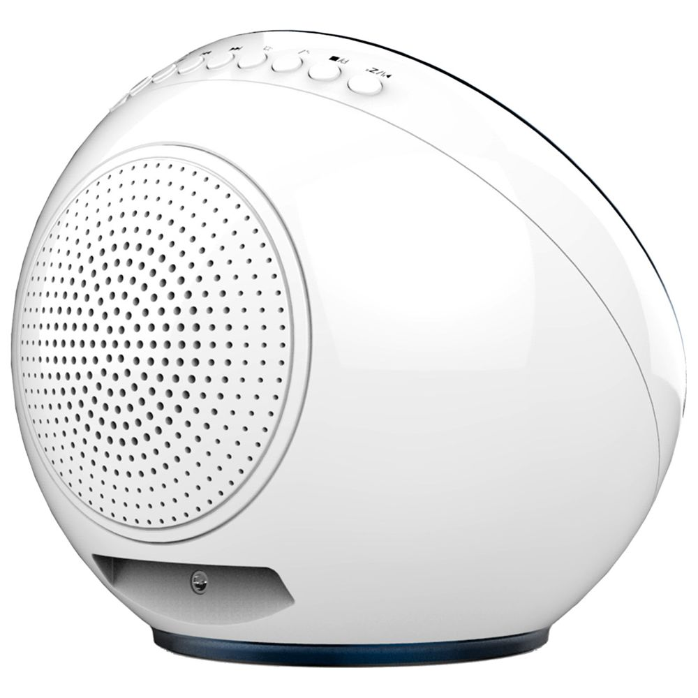 Biały, kulisty głośnik z przyciskami sterującymi na górze.