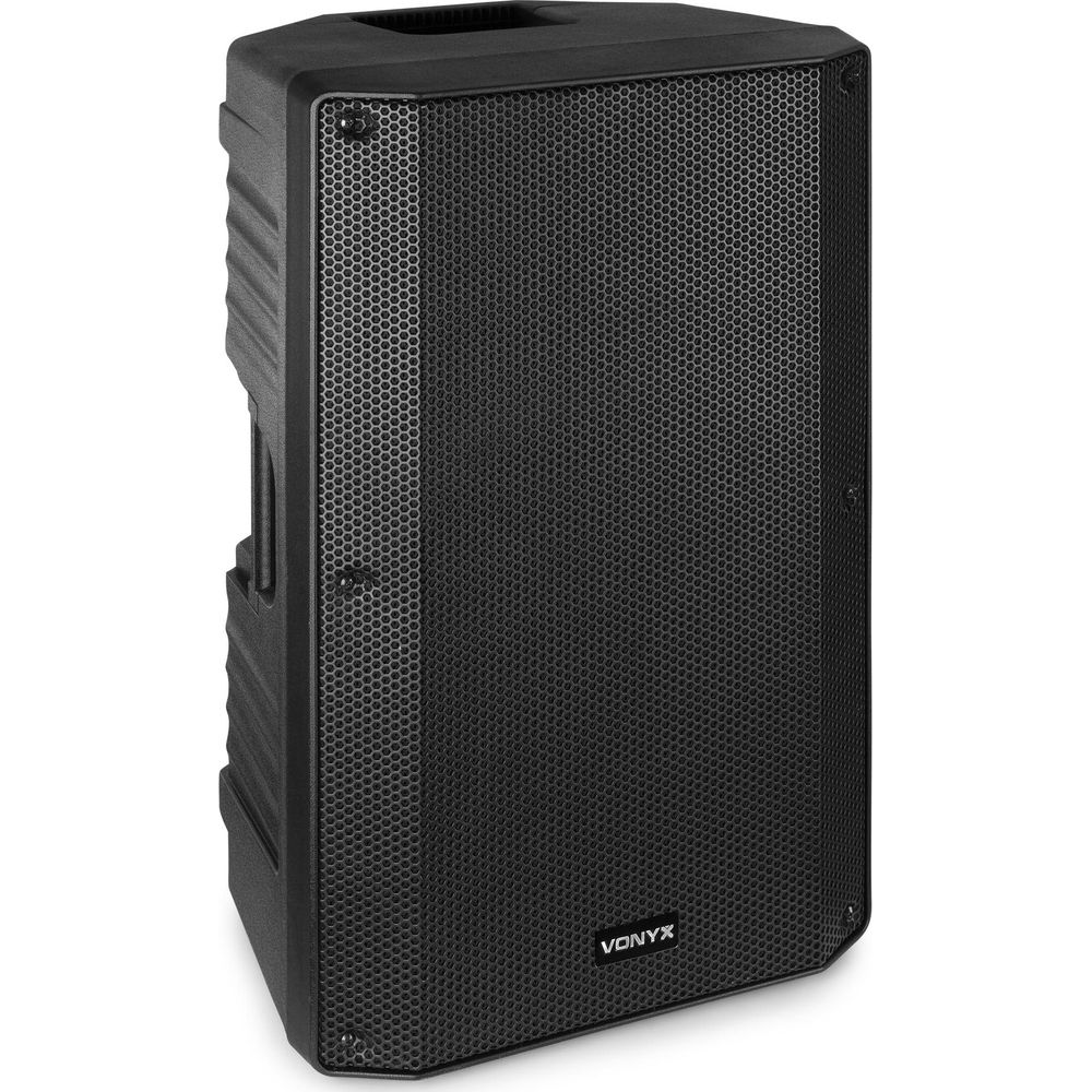 Altavoz Vonyx negro con frontal de rejilla, aislado sobre fondo blanco.