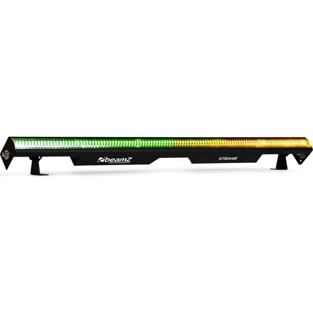 Una barra de luz negra con LEDs verdes y amarillos, sobre fondo blanco.