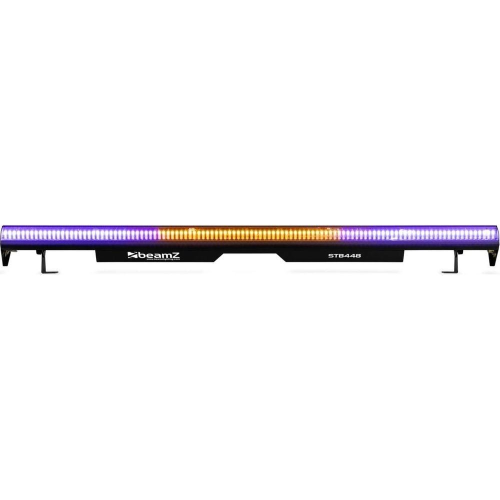 Una barra larga de luces, parte naranja, parte morada, con el logo de Beamz.