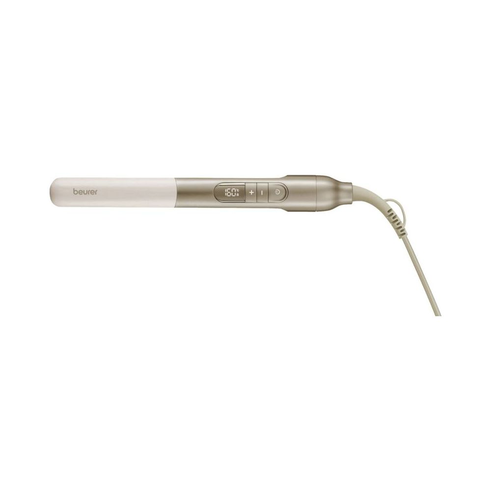 Ein weiß-goldener Haarstyler mit digitaler Anzeige (160°) und Bedienelementen.