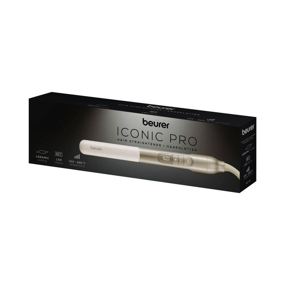 Verpackung eines goldenen Haarstylers mit LED-Anzeige und Keramikbeschichtung.
