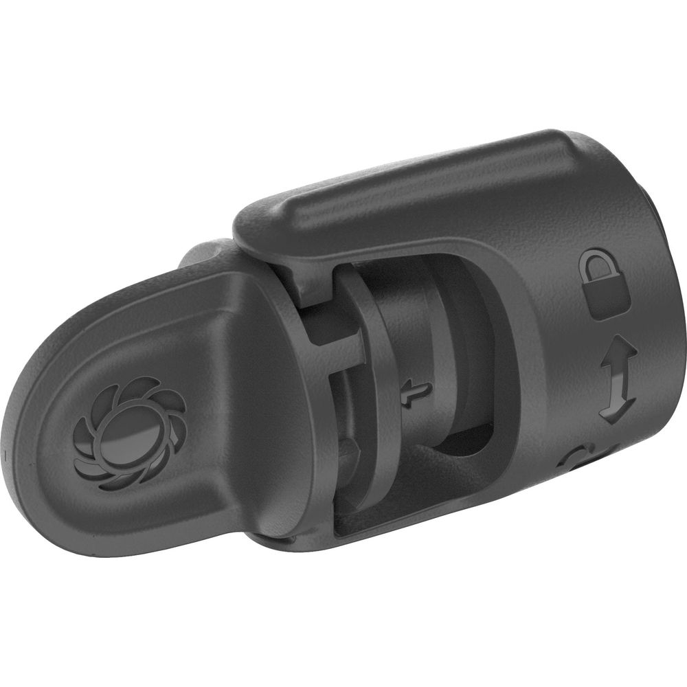 Czarny plastikowy klips z symbolami strzałki i kłódki na białym tle.