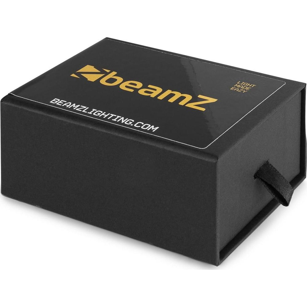 Caja de regalo negra con logo "beamZ" y web beamzlighting.com.